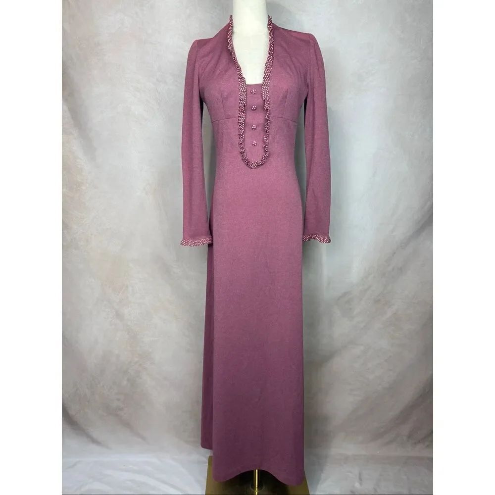 Vintage 1970s Maroon Maxi Dress With Polka Dot Trim XS S